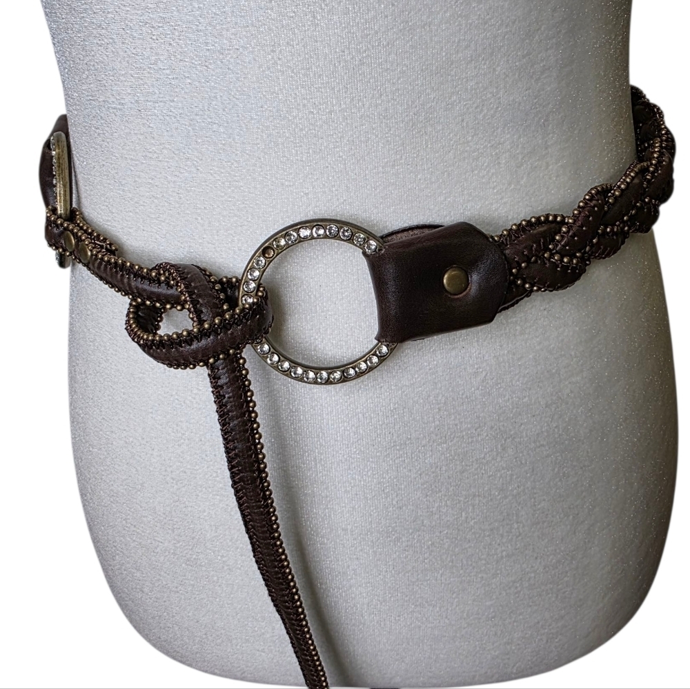 Y2K Leather braided belt with brass metal and shiny accents.